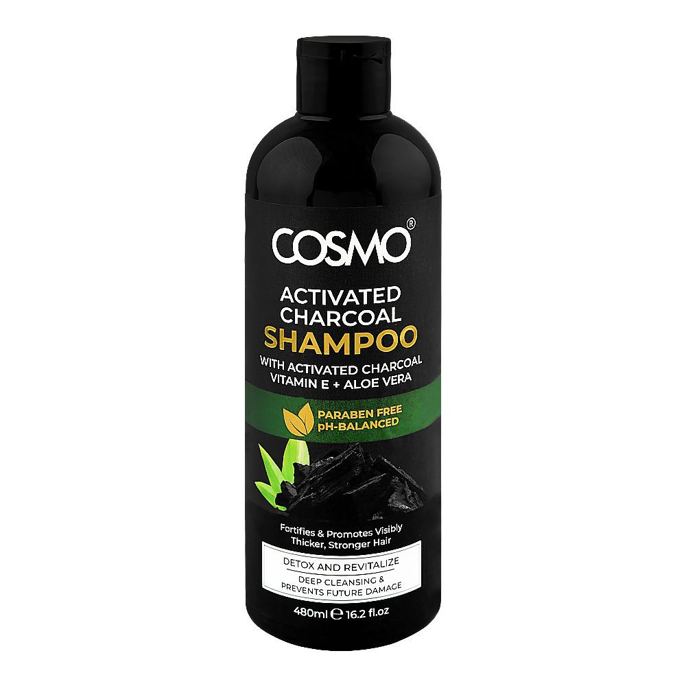 Cosmo Activated Charcoal Detox And Revitalize Shampoo, Vitamin E + Aloe Vera, Paraben Free, For Thick & Strong Hair, 480ml - Main Image