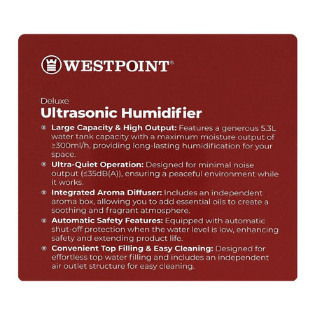 West Point Deluxe Ultrasonic Humidifier, 5.3 Liters Tank, 28W, 220-240V, WF-1206 - Image 4