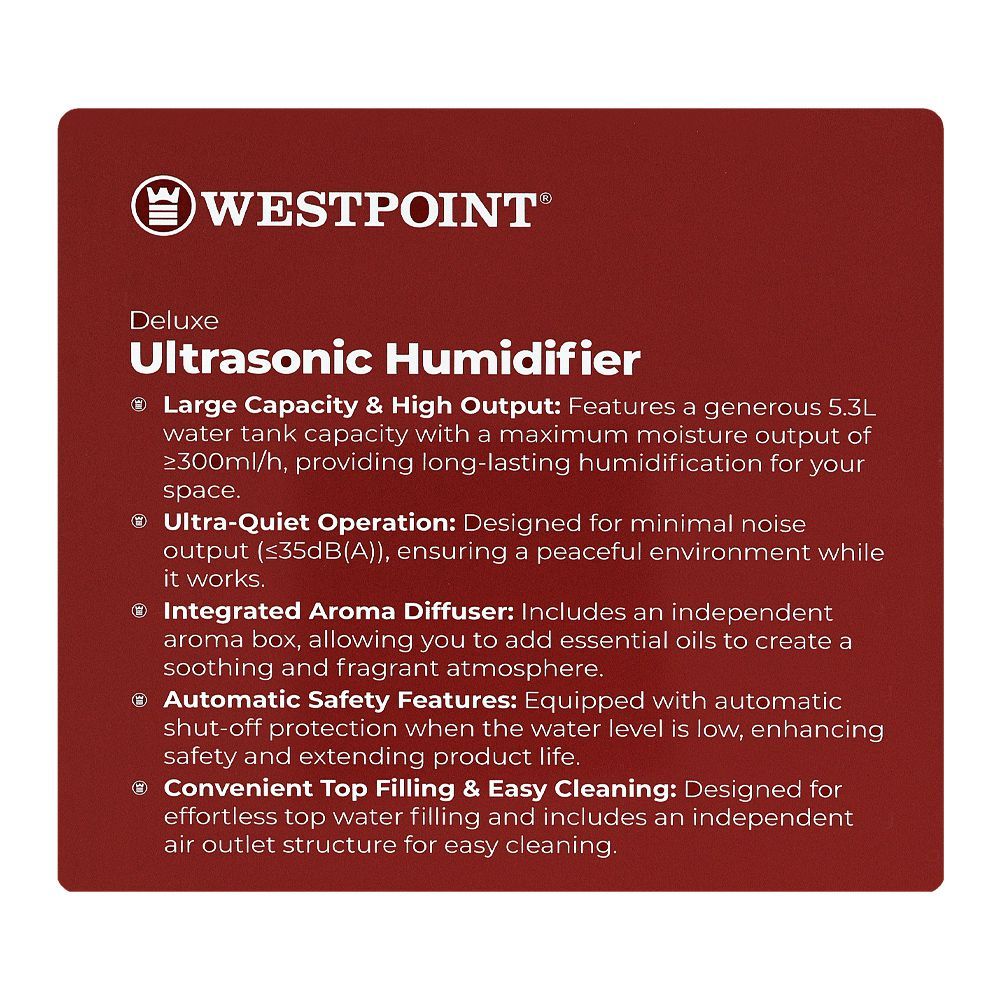 West Point Deluxe Ultrasonic Humidifier, 5.3 Liters Tank, 28W, 220-240V, WF-1206 - Image 4