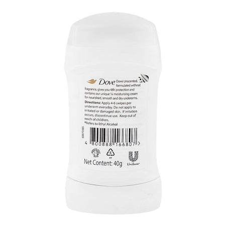 Dove Unscented Nourished & Smooth 48H Deodorant Stick, Anti-Perspirant, Alcohol Free, 40g - Image 2