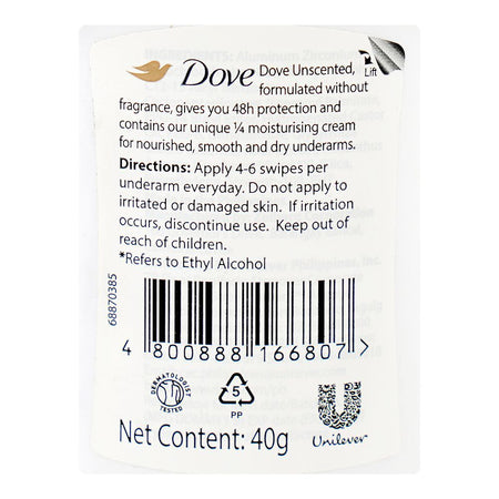 Dove Unscented Nourished & Smooth 48H Deodorant Stick, Anti-Perspirant, Alcohol Free, 40g - Image 3