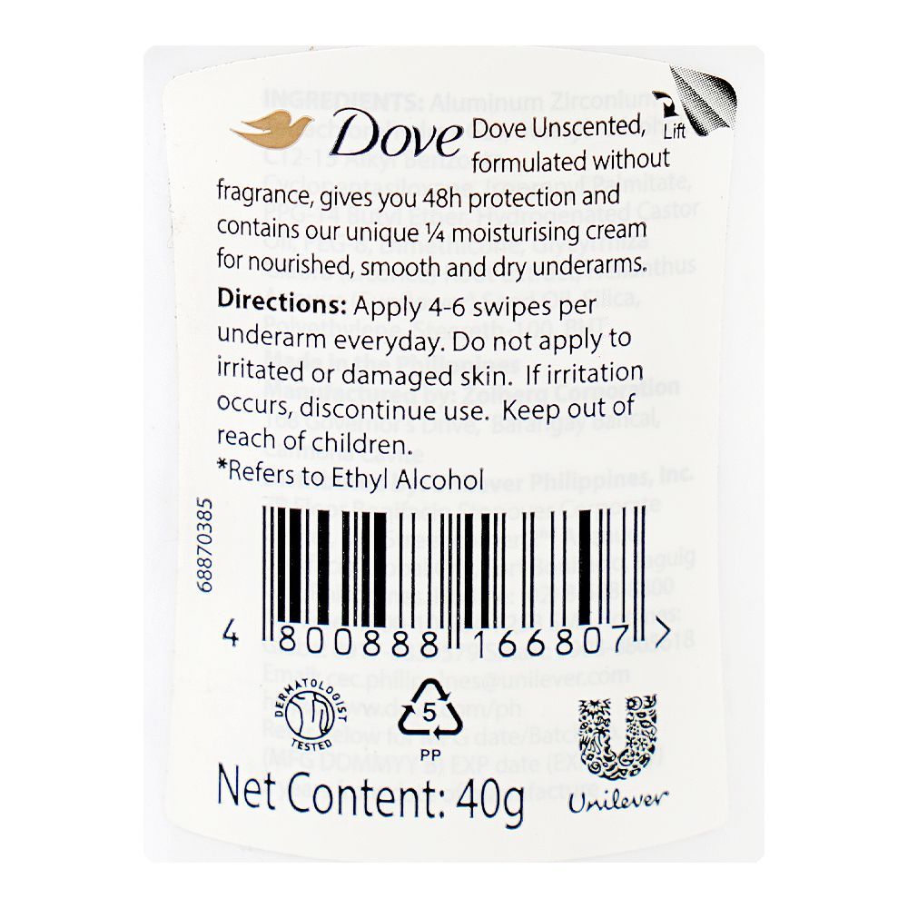 Dove Unscented Nourished & Smooth 48H Deodorant Stick, Anti-Perspirant, Alcohol Free, 40g - Image 3
