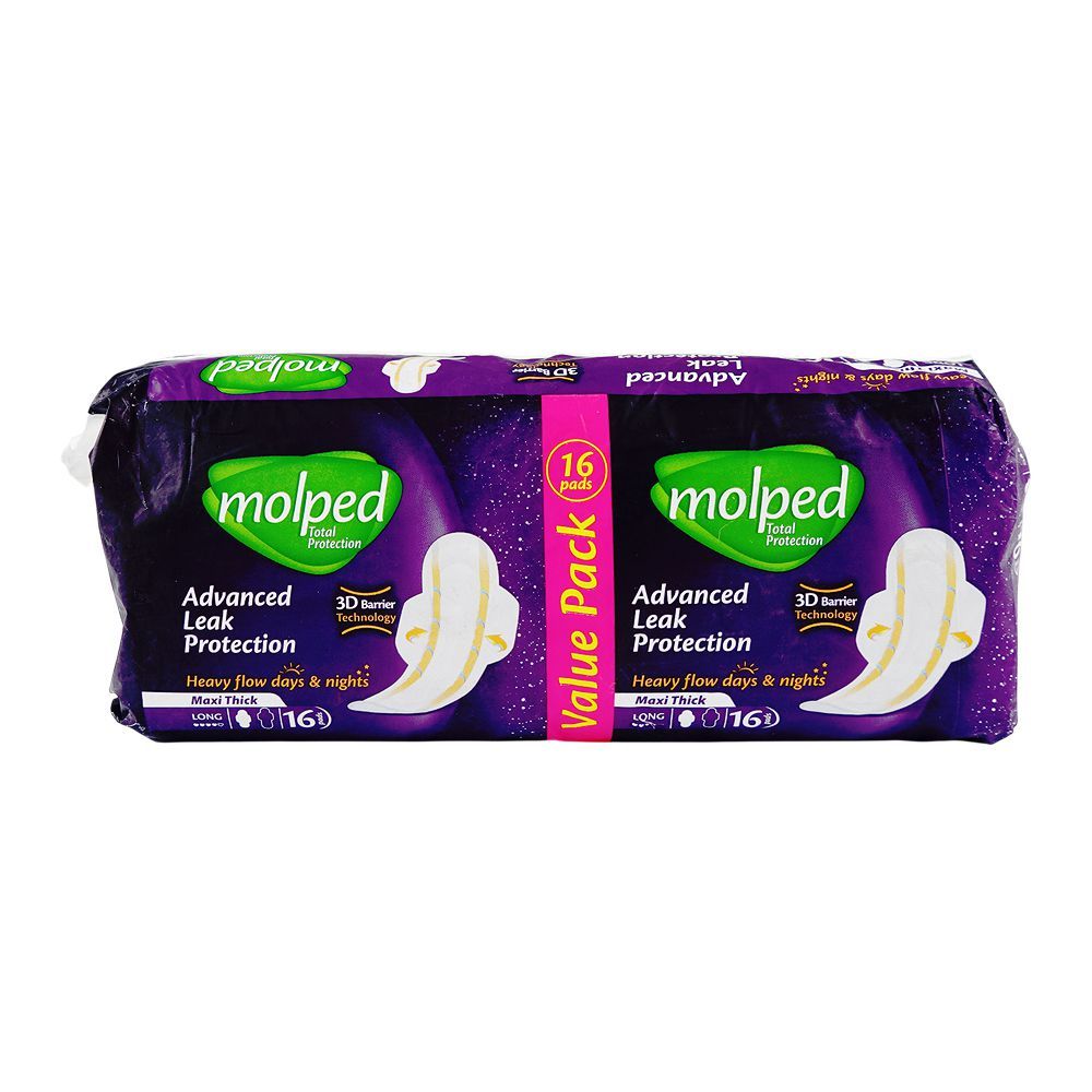 Molped Maxi Thick Advanced Leak Protection With 3D Barrier, Long, Value Pack, 16 Pads - Main Image