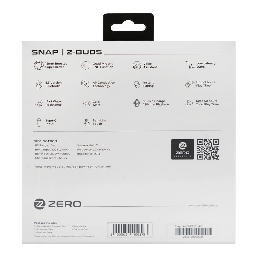 Zero Snap Z-Buds ENC Wireless Earbuds, Up to 7 Hours Play Time, IPX4 Water Resistant, Lavender haze - Image 5