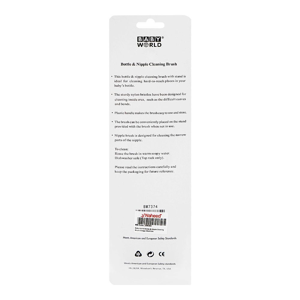 Baby World Bottle & Nipple Cleaning Brush, BPA Free, Non-Toxic, Orange, BW7374 - Image 2