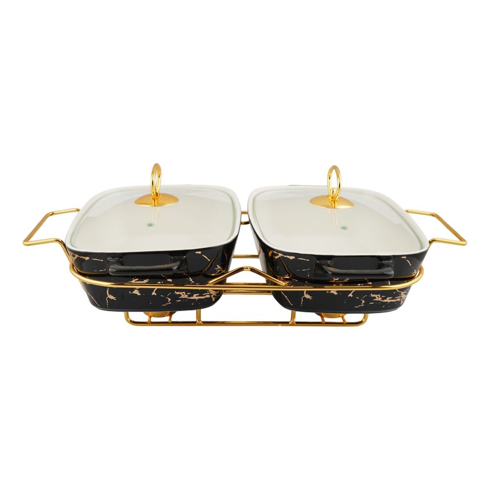 More & More Twin Rectangular Casserole Dish With Warmer Rack, Black, 12 Inches, CX2420D - Main Image