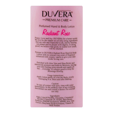 Duvera Radiant Rose Perfumed Hand & Body Lotion, Vitamin E & Niacinamide, For Skin Brightening, 250ml - Image 3