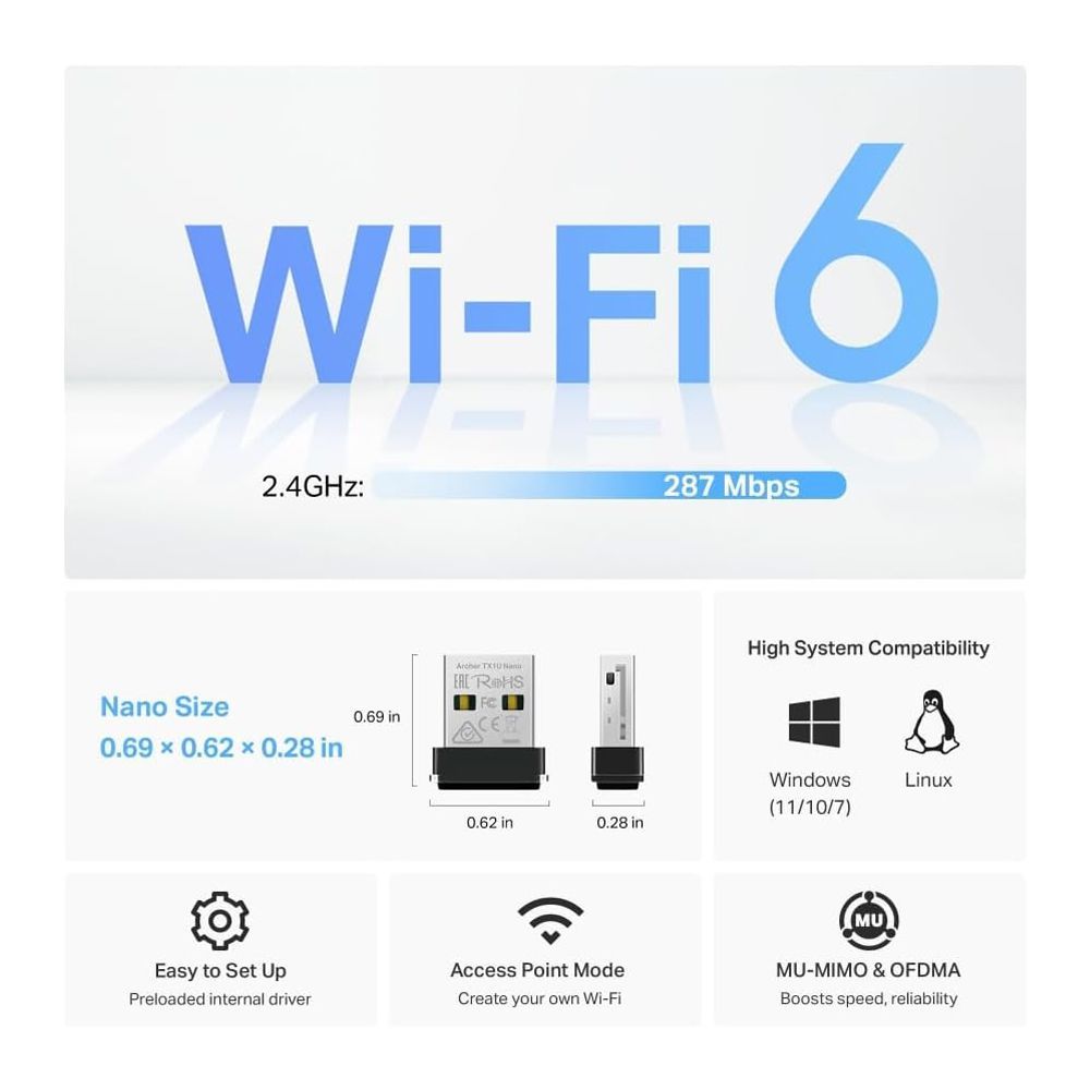 TP-Link AX300 Nano Wi-Fi 6 USB Adapter, 287 Mbps, Archer TX1U Nano - Image 3