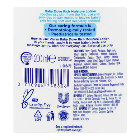 Dove Rich Moisture Baby Lotion, Paraben & Phthalates Free, 200ml - Image 3