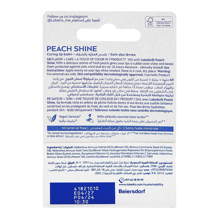 Labello Peach Shine Caring Lip Balm, Shea Butter, Vitamin E, 4.8g - Image 2