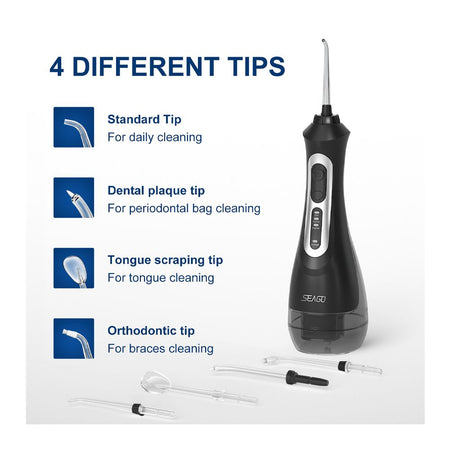 Seago Smart Water Rechargeable Dental Flosser/Irrigator Cordless USB, 3 Cleaning Modes, 5 Jet Tips, IPX7 Waterproof, Travel Bag, Black, SG-833 - Image 2
