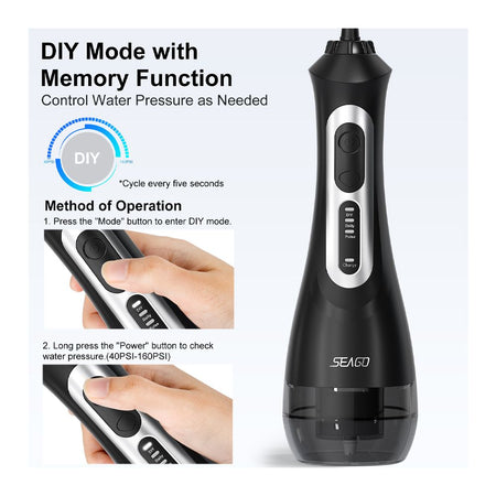 Seago Smart Water Rechargeable Dental Flosser/Irrigator Cordless USB, 3 Cleaning Modes, 5 Jet Tips, IPX7 Waterproof, Travel Bag, Black, SG-833 - Image 4