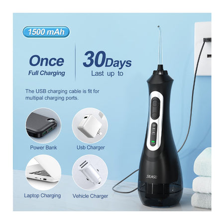 Seago Smart Water Rechargeable Dental Flosser/Irrigator Cordless USB, 3 Cleaning Modes, 5 Jet Tips, IPX7 Waterproof, Travel Bag, Black, SG-833 - Image 8