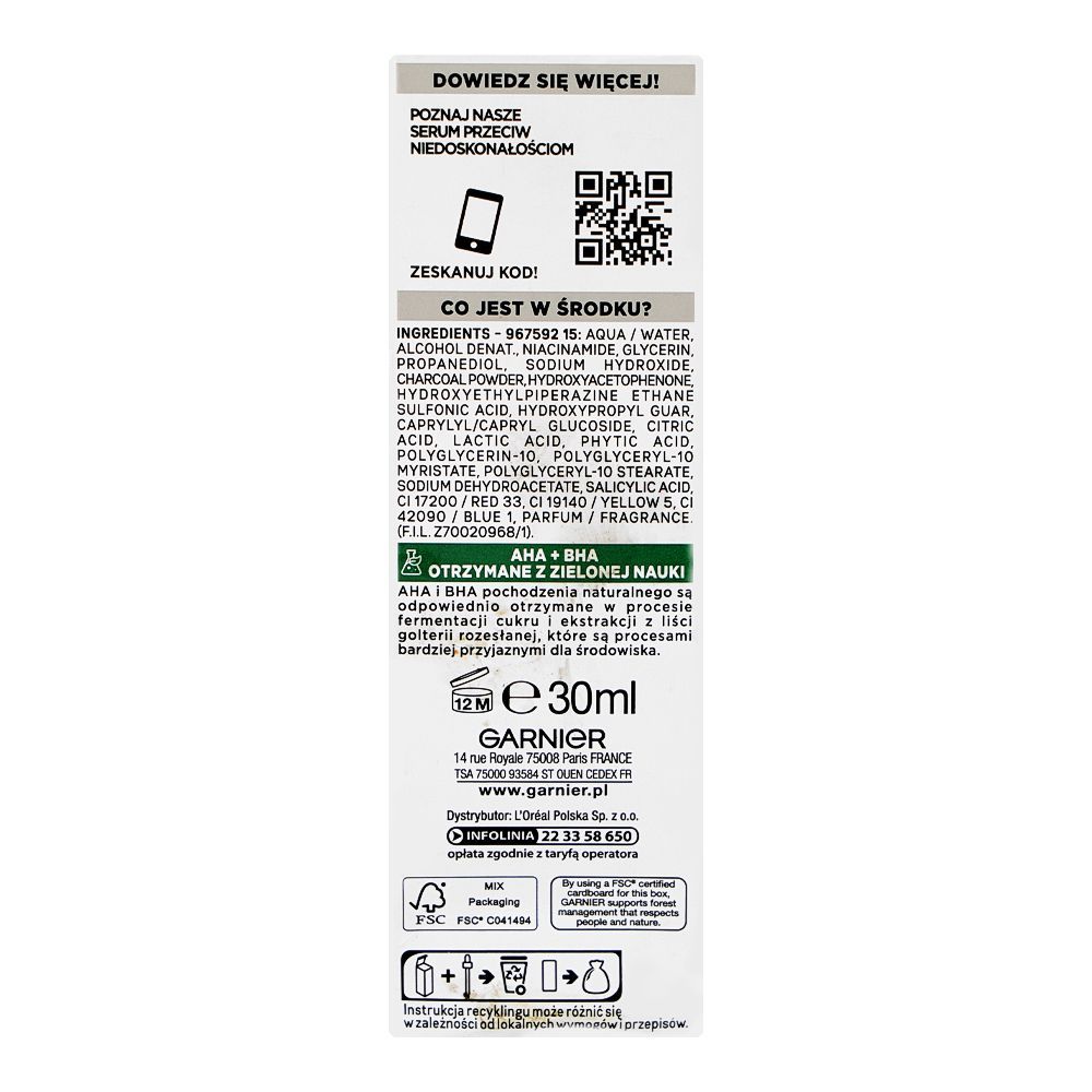 Garnier Pure Active AHA + BHA Wegiel Serum, Vegan, Niacinamide, For All Types Of Skin, 30ml - Image 3