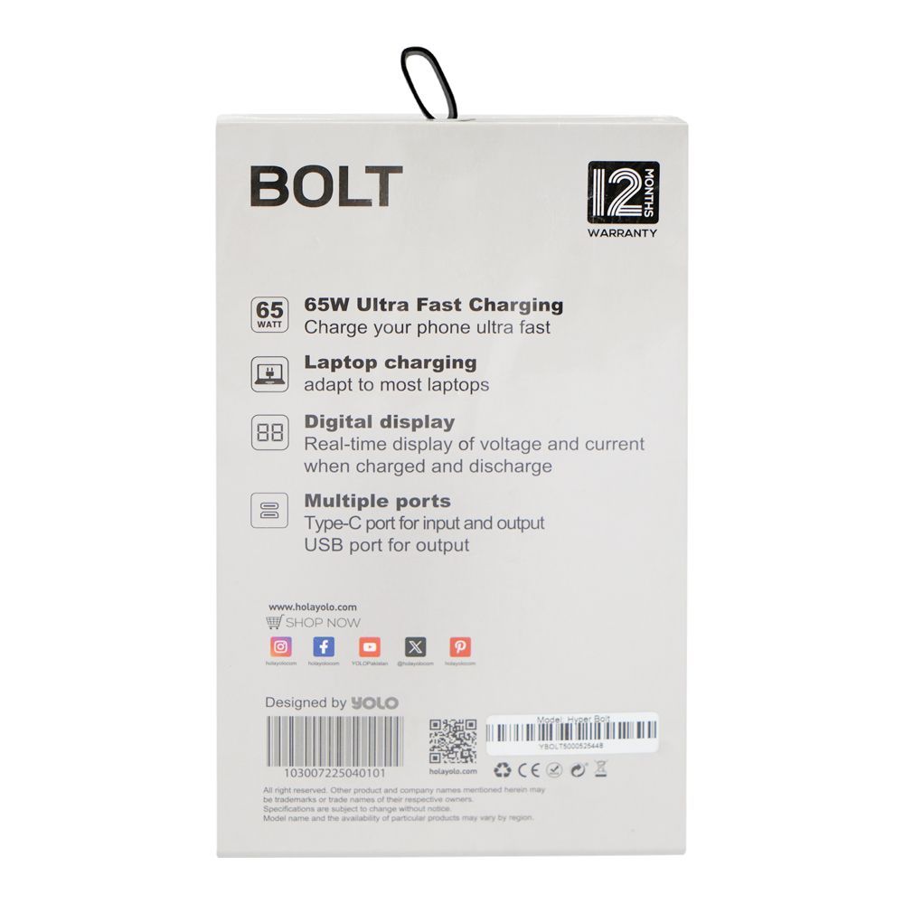 Yolo Hyper Bolt 30000mAh 65W USB-C & USB-A Port, Power Bank - Image 4