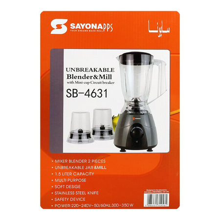 Sayona Unbreakable Blender & Mill With Mini Cup Circuit Breaker, 300-350W, 220-240V, SB-4631 - Image 4