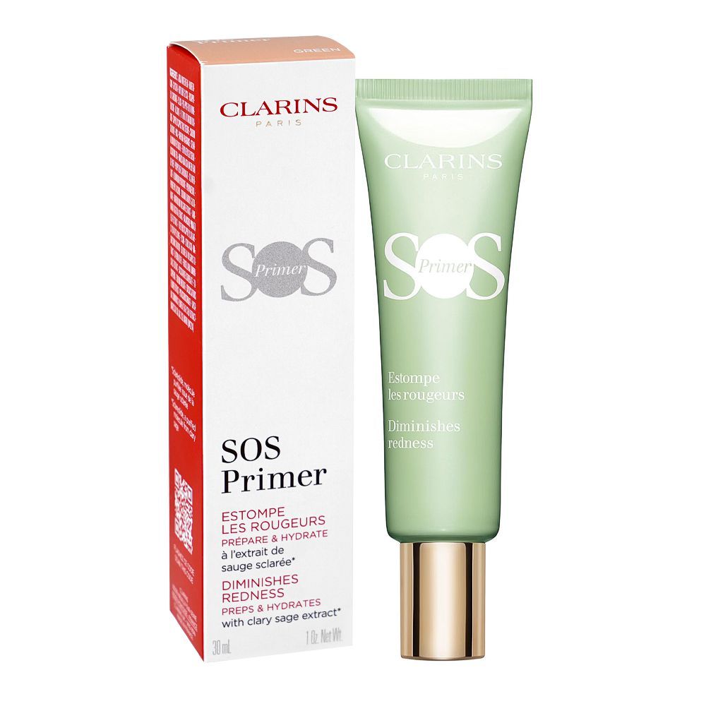 Clarins Paris Sos Primer Blurs Imperfections Preps & Hydrates, Green, 30ml - Main Image