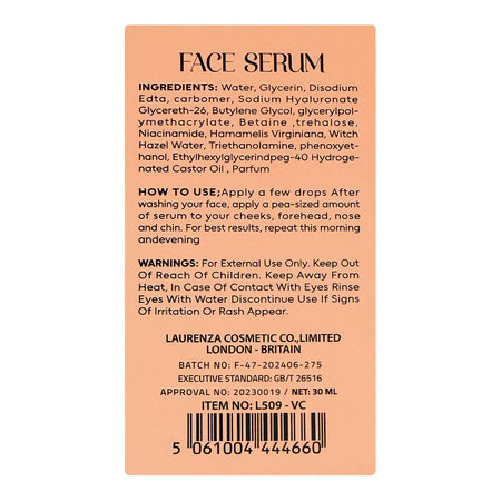 Laurenza Vitamin C Face Serum, Niacinamide, Hydrogen Castor Oil, For Wrinkle-Free Skin, 30ml - Image 2
