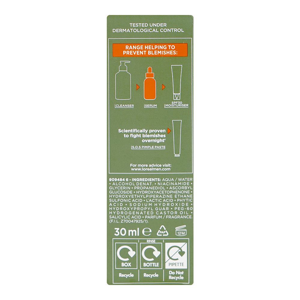 L'Oreal Paris Men Expert Innovation Derma Control Niacinamide Anti-Blemish Serum, Niacinamide, Salicylic Acid, For Oily Skin, 30ml - Image 3