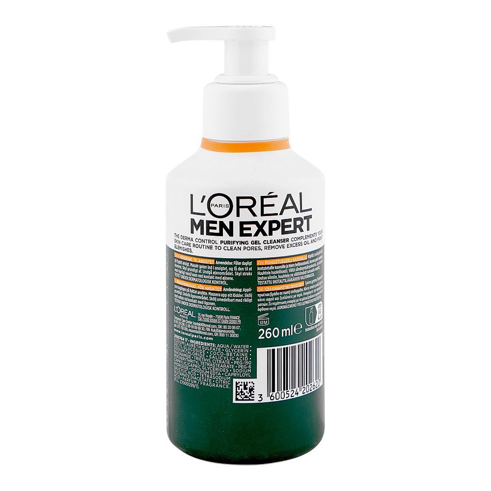 L'Oreal Paris Men Expert Derma Control Purifying Gel Cleanser, Salicylic Acid, Niacinamide, For Oily Skin, 260ml - Image 2
