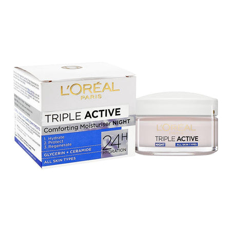 L'Oreal Paris Triple Active 24H Comforting Moisturizer Night Cream, Glycerin, Ceramide, For All Types Of Skin, 50ml - Main Image