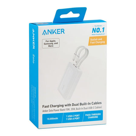 Anker Zolo Power Bank, 10000mAh, 35W, 2 X Built-In USB-C Cable + USB-C Port + USB-A Port, White, A1680H22 - Image 2