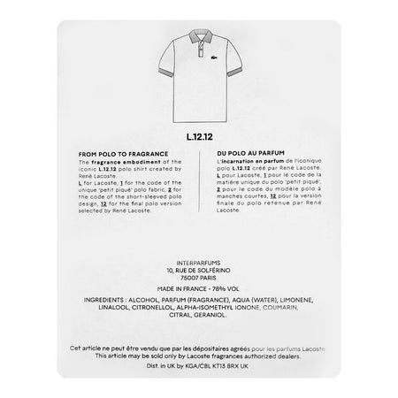 Lacoste L.12.12 Blanc, Eau De Parfum, For Men, 100ml - Image 3