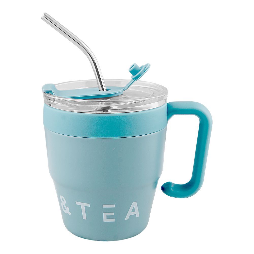 AJF Korean Insulated Stainless-Steel Coffee Mug With Straw, 460ml, Blue - Main Image