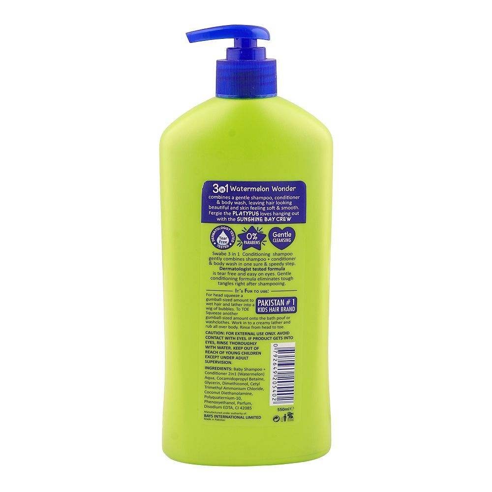 Swabe London Watermelon Wonder 3-In-1 Shampoo + Conditioner + Body Wash, Paraben & Tear Free, 550ml - Image 2