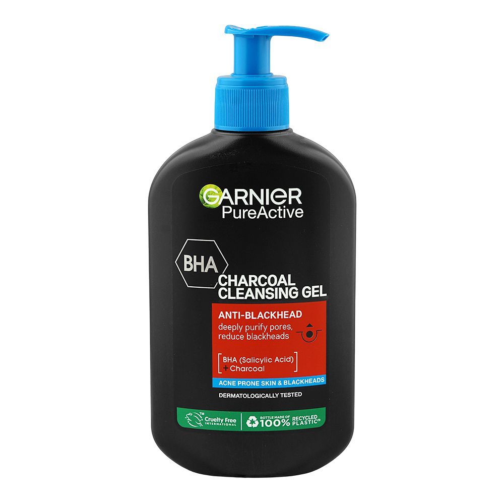 Garnier Pure Active BHA Anti-Blackhead Charcoal Cleansing Gel, Salicylic Acid, For Acne Prone Skin, 250ml - Main Image