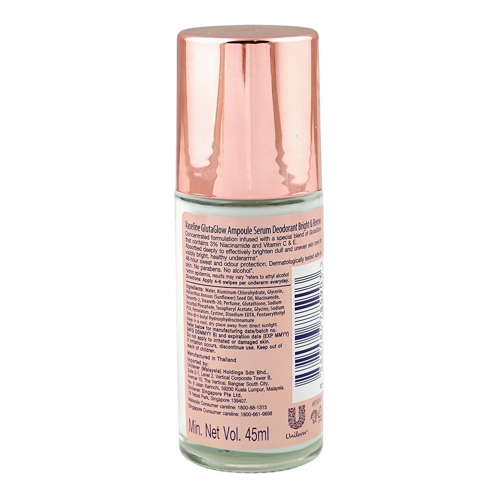 Vaseline Gluta Glow Ampoule Bright & Renew Serum Deodorant Roll On, Niacinamide + Vitamin C & E, 45ml - Image 2