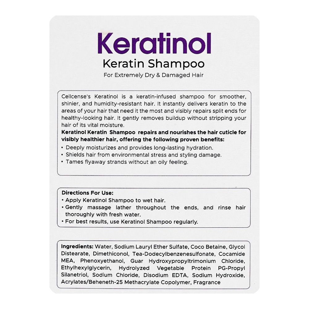 Cellcense Keratinol Keratin Shampoo, Coco Betaine, Sodium Chloride, For Dry & Damaged Hair, 200ml - Image 3