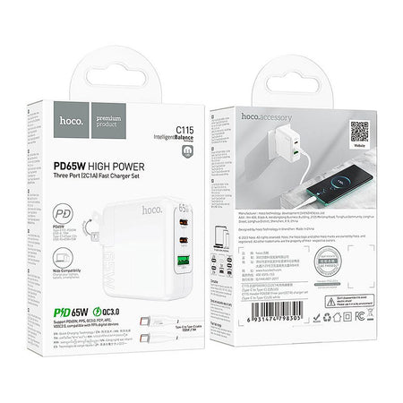 HOCO Header Three-Port Charger, 2 X USB-C + 1 X USB-A Port, 65W, C115 - Image 4