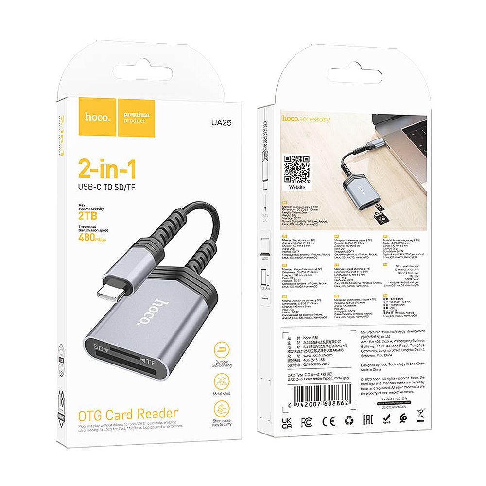 HOCO 2-In-1 Card Reader, USB-C SD + TF, 480 Mbps Transfer Speed, UA25 - Image 4