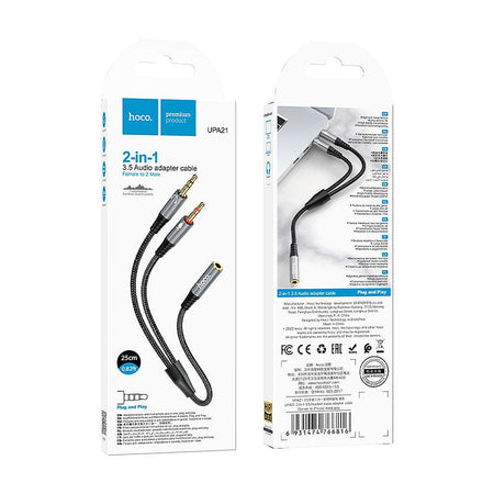 HOCO 2-In-1 3.5 Headset Audio Adapter Cable Female To Male, 0.5 Meter, UPA21 - Image 3