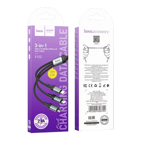 HOCO 3-In-1 Fresh Charging Data Cable, USB-A To Micro USB + USB-C + Lightning Cable, 2.4A, 1 Meter, X102 - Image 3