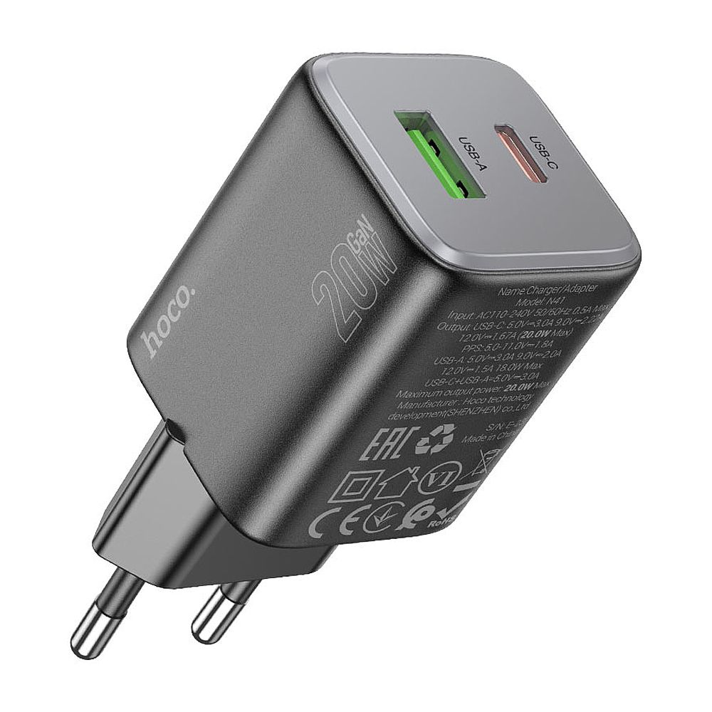 HOCO Almighty Charger, USB-A + USB-C Port, 20W, N41 - Image 2