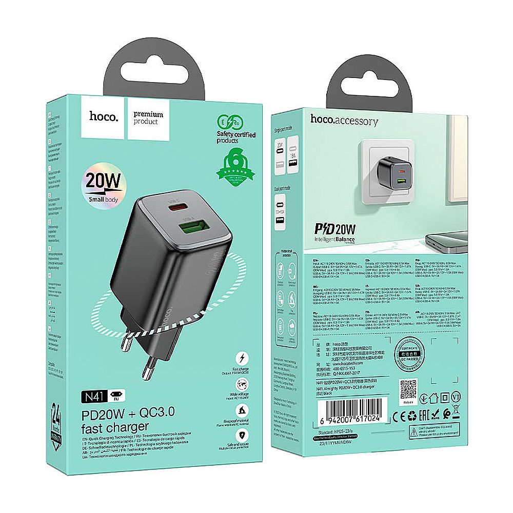 HOCO Almighty Charger, USB-A + USB-C Port, 20W, N41 - Image 4