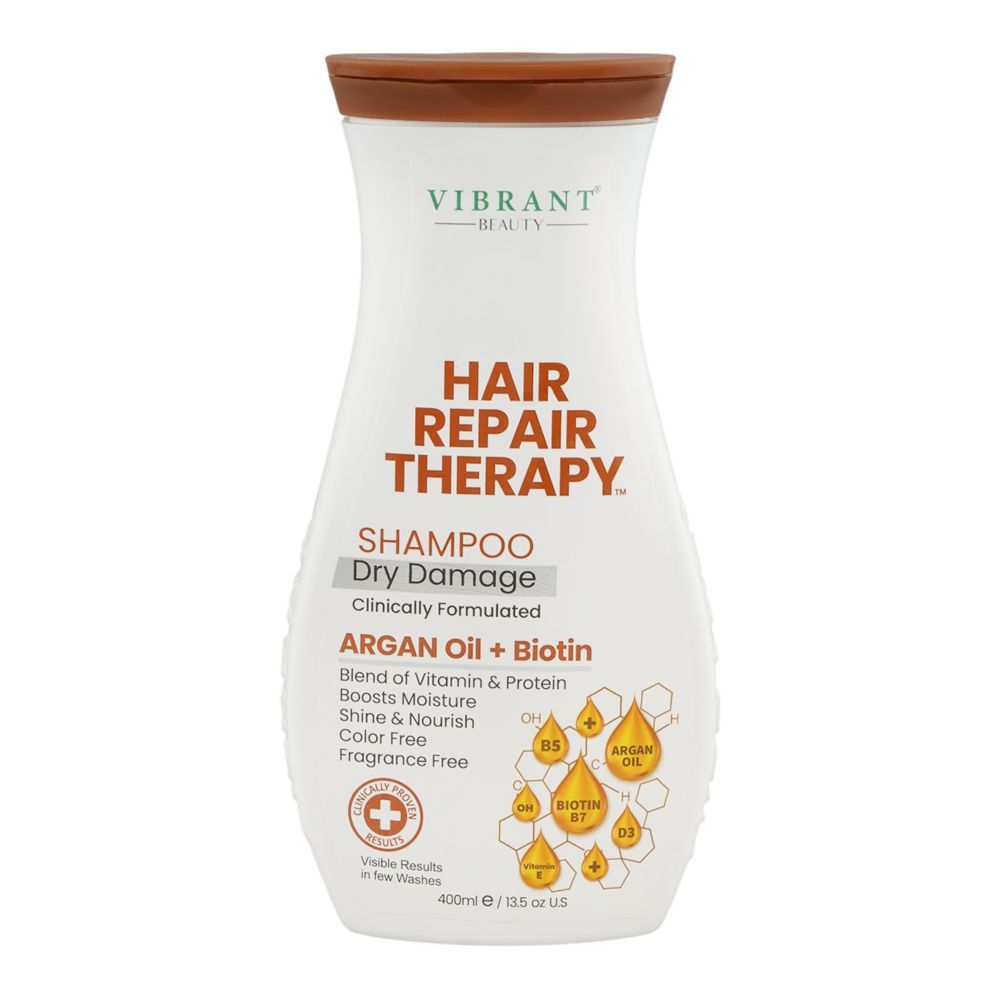 Vibrant Beauty Hair Repair Therapy Argan Oil + Biotin Dry Damage Shampoo, Pro-Vitamin B5, Citric Acid, For Dry & Damaged Hair, 400ml - Main Image