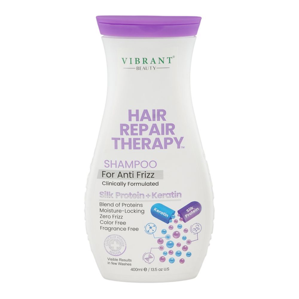 Vibrant Beauty Hair Repair Therapy Silk Protein + Keratin Anti Frizz Shampoo, Salicylic Acid, Color & Fragrance Free, For Frizzy Hair, 400ml - Main Image