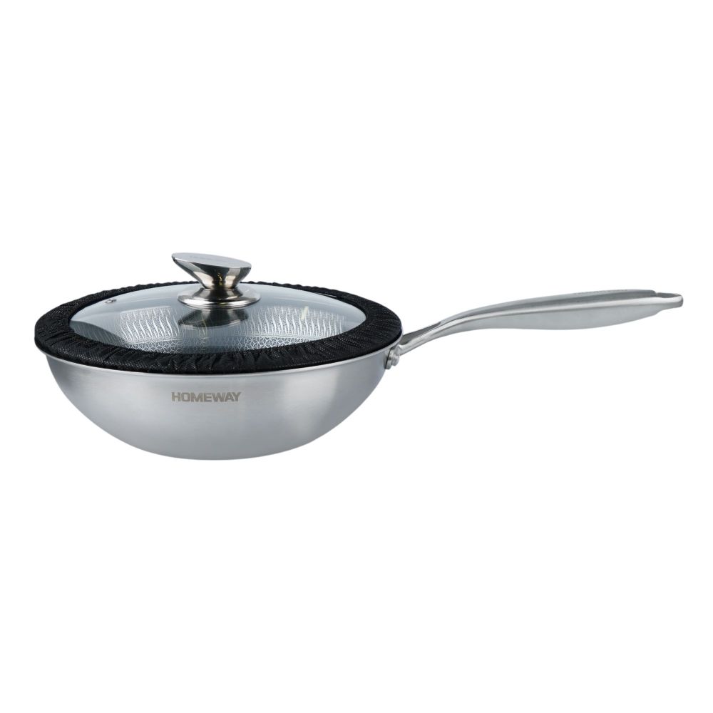 Homeway Stainless Steel Wok Pan Honey Comb With Lid, 26cm, HW3922 - Main Image
