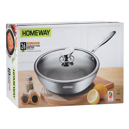 Homeway Stainless Steel Wok Pan Honey Comb With Lid, 26cm, HW3922 - Image 2