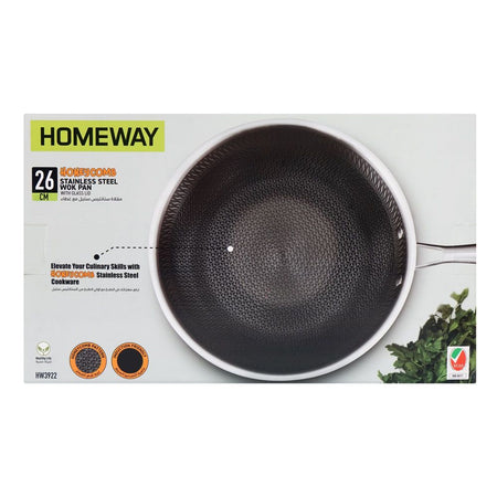 Homeway Stainless Steel Wok Pan Honey Comb With Lid, 26cm, HW3922 - Image 3