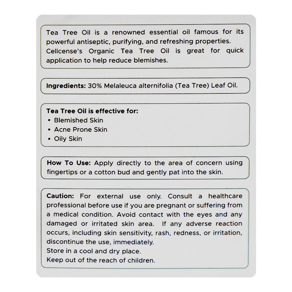 Cellcense Organic Tea Tree Oil, For Acne-Prone Skin, 30ml - Image 4