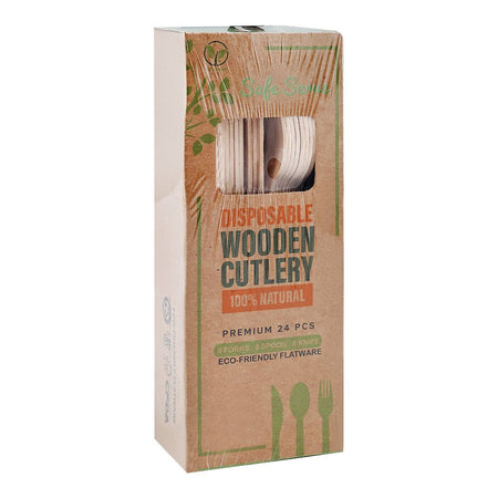 Safe Serve Disposable Wooden Cutlery, 24-Pack (8 X Forks, 8 X Spoons, 8 X Knives) - Main Image