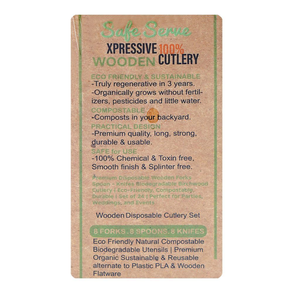 Safe Serve Disposable Wooden Cutlery, 24-Pack (8 X Forks, 8 X Spoons, 8 X Knives) - Image 3