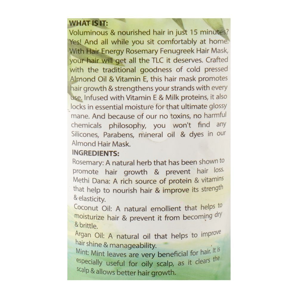 Hair Energy Rosemary Exteme Growth & Shine Hair Mask, Argan, Coconut Oil & Vitamin E, For Healthy Hair, 200ml - Image 3