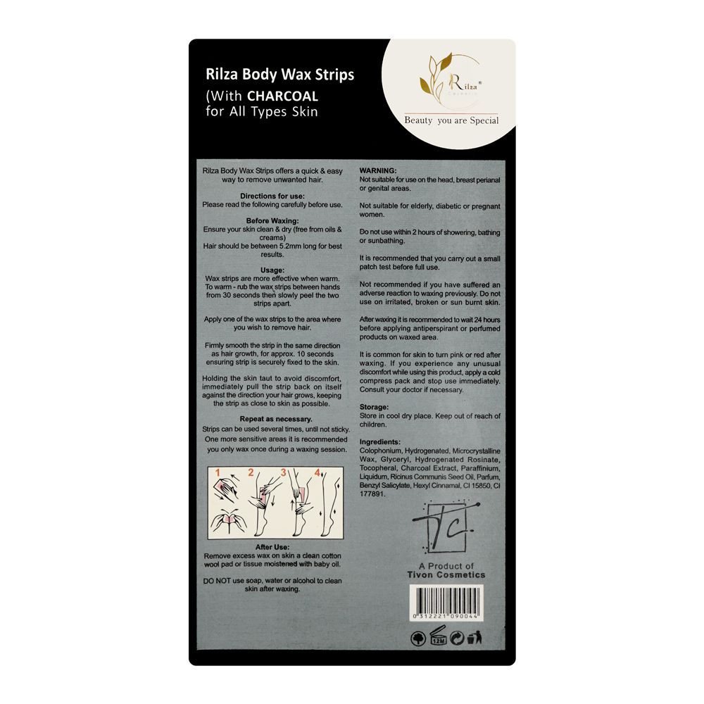 Rilza Charcoal Body Wax Strip For Legs & Underarms, 20-Pack - Image 2