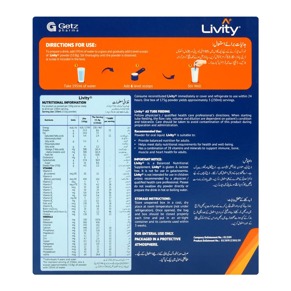 Getz Pharma Livity Prime Chocolate Powder, 175g Box - Image 2