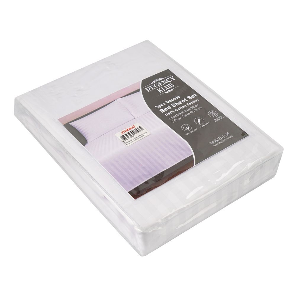Regency Klub Double Bedsheet Set, White, Cotton, 220TC Stripe Satin, 3-Pieces, 230 X 250cm - Main Image